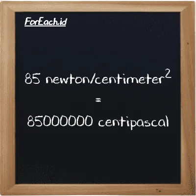 How to convert newton/centimeter<sup>2</sup> to centipascal: 85 newton/centimeter<sup>2</sup> (N/cm<sup>2</sup>) is equivalent to 85 times 1000000 centipascal (cPa)